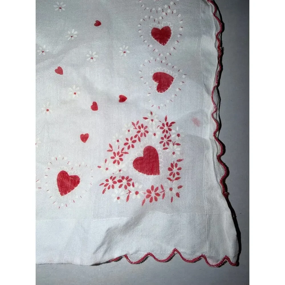 Vintage white handkerchief red hearts love valentines sweet romantic scarf xoxo